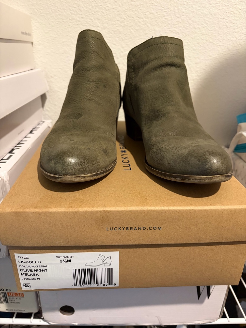 Lucky Brand Bollo Olive Night Leather Ankle Booties - Low Stacked Heel